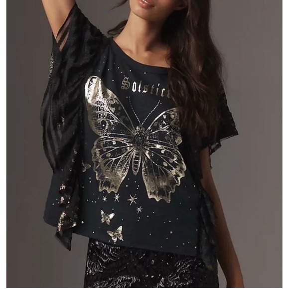Pilcro Tops - Pilcro Anthropologie Solstice Butterfly Graphic Tee Ruffle Lace Sleeve Black M